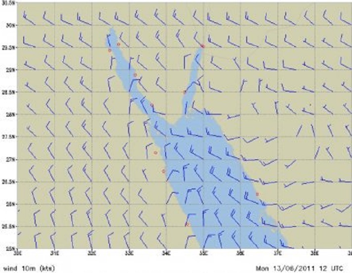De windsituatie bij vertrek uit Hurghada