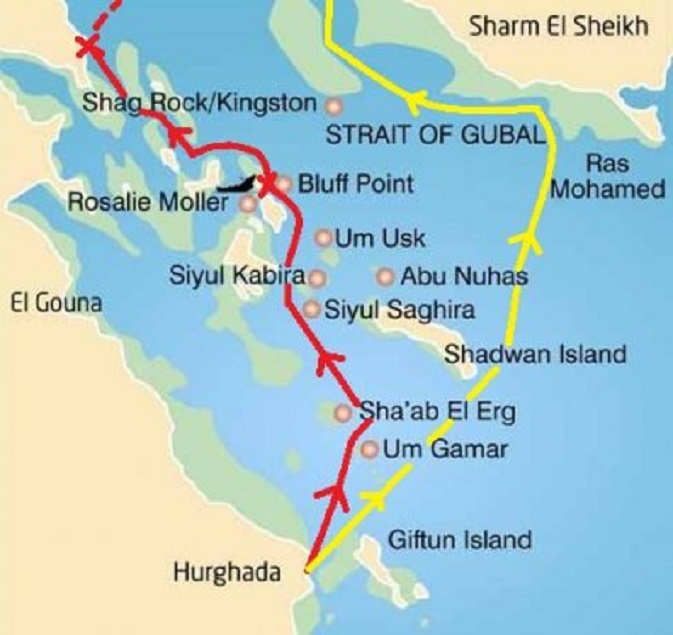 Straat van Gubal. In rood de route die wij namen, met kruisjes bij onze ankerplaatsen. De gele route zou beter kunnen zijn