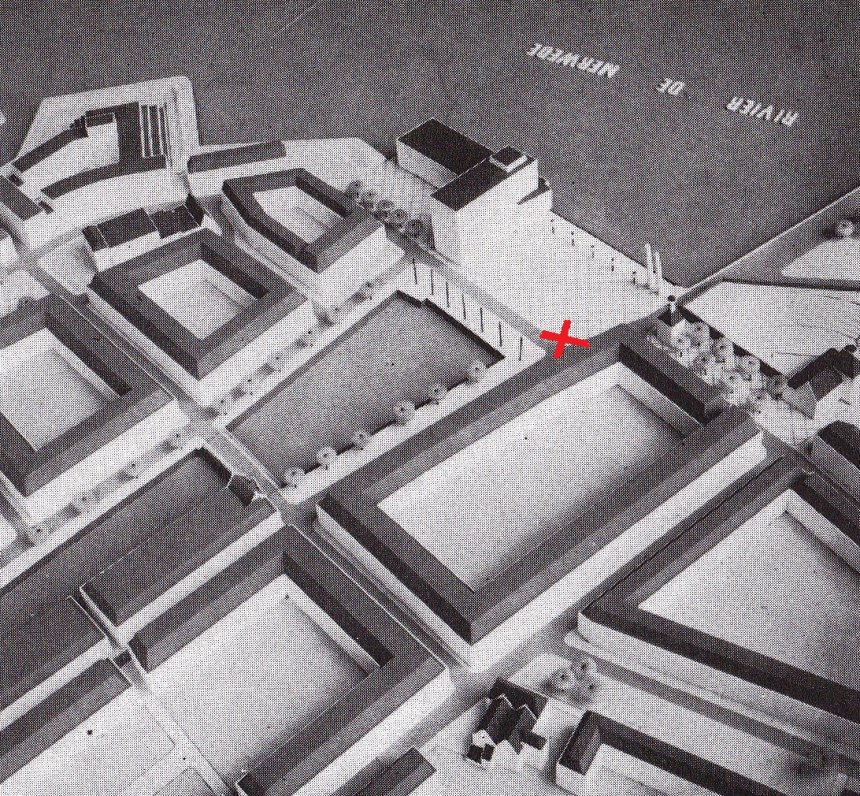 Plan voor een nieuw stadhuis op de plaats van de oude Merwedesluis. Uit: Basisplan Binnenstad, 1962. Het rode kruisje markeert de plek waar we nu wonen
