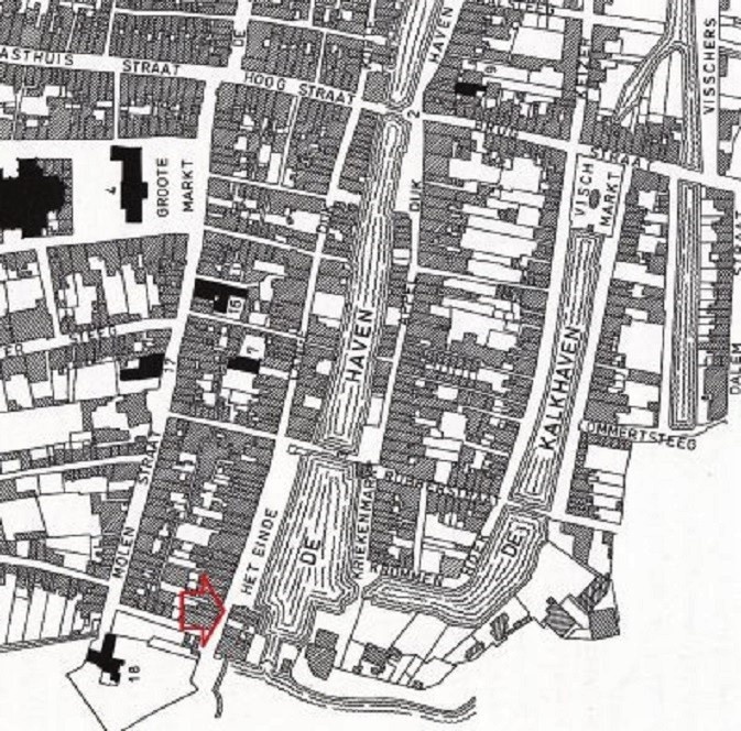 Gorinchem. Detail uit de kadastrale minuut van 1821. Tekening T. Brouwer, 1989, bewerkt door B.H.J.N. Kooij, 1991