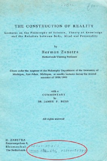 Collegedictaat van Herman Zanstra, in eigen beheer uitgegeven. Onderaan in de rode ellips staan in potloodschrift zijn telefoonnummers en dat hij 