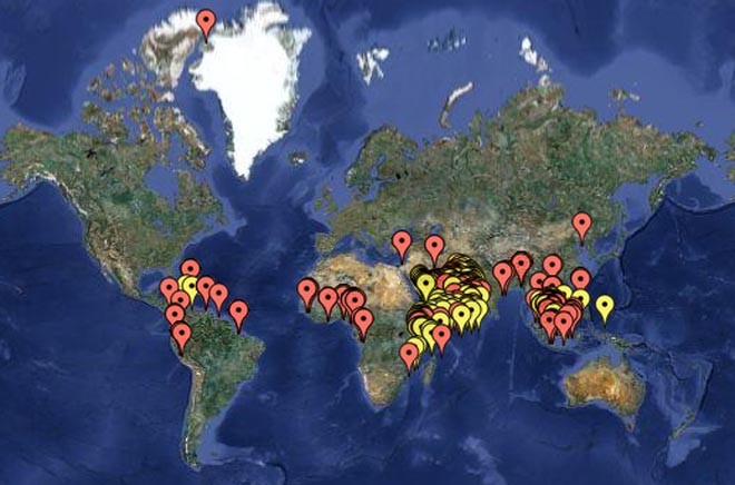 Piraterij in 2011.Rood is een daadwerkelijke aanval, geel een poging tot aanval. Cijfers: ICC/IMB