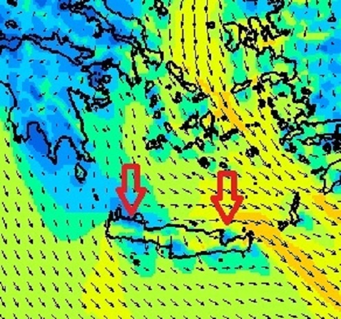 Windprognose voor morgen. Rechtse pijl is Aghios N., linkse is Chanía. Merk het karakteristieke windsterkteverschil tussen beide op.