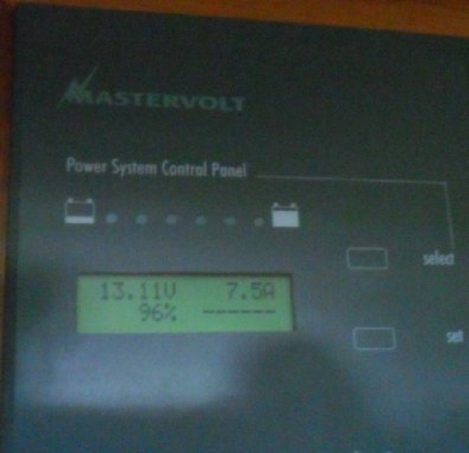Onze accubewaker. Ladingsgraad 96%, laden 7,7 Amp (zonnepanelen + windgenerator)