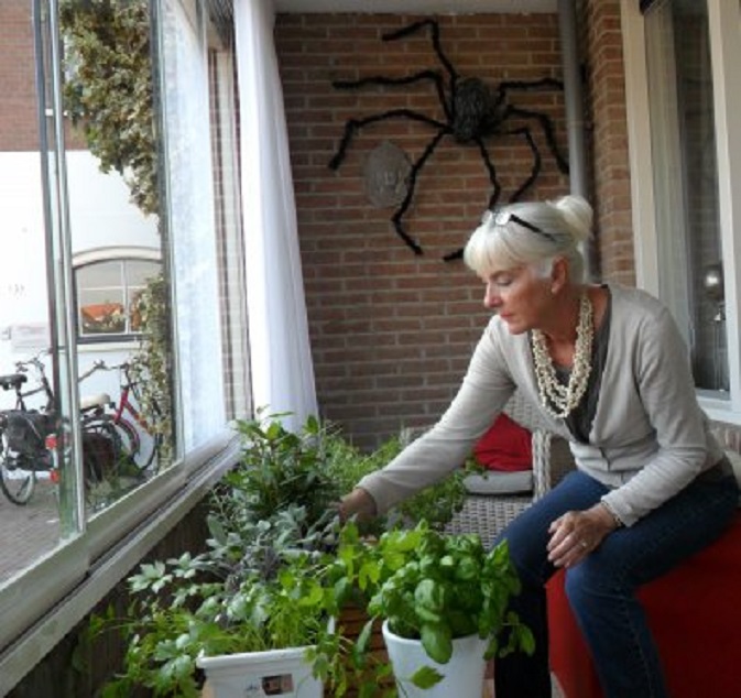 Ans bij haar kruidentuintje in de serre. Let op de spin op de achterwand