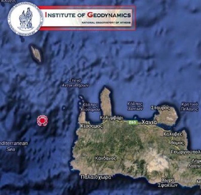 Lokatie van het epicentrum van de aardbeving (rode stip)