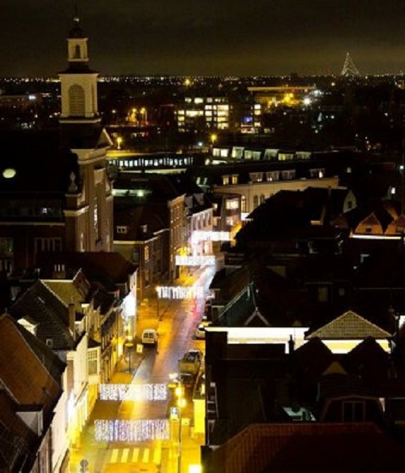 Foto vanaf de toren van de Grote Kerk te Gorcum. Rechtsboven de kerstboom van de zendmast bij IJsselstein