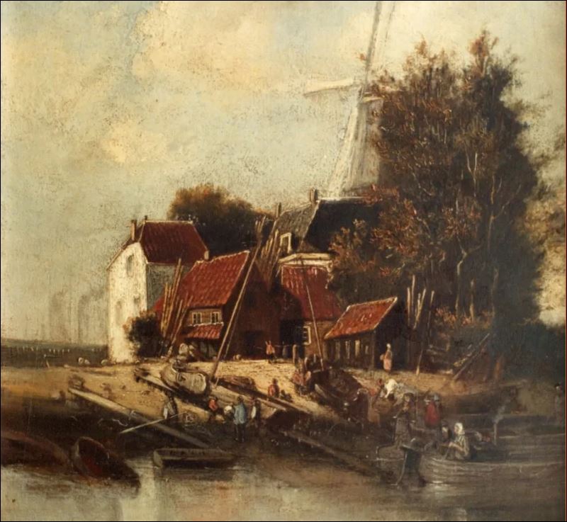 Scheepswerf van Hendrik van de Giessen aan de Krommenhoek met erachter Oliemolen De Eendracht te Gorcum, circa 1830 - 1850, schilder onbekend