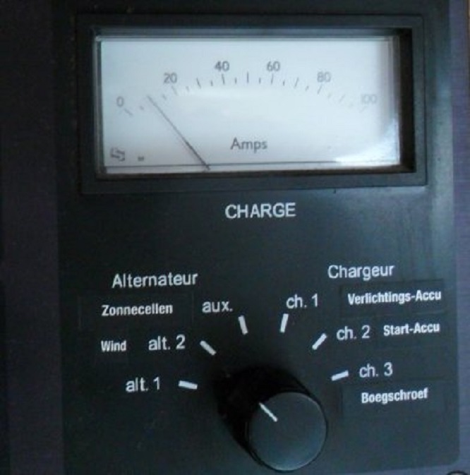 Op dit schermpje zie je dat het windmolentje de accu's laadt met 10 Amp. Dat is in een windvlaag; meestal is het minder.