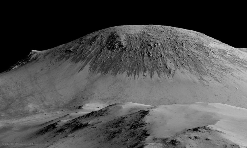 Recurring Slope Lineae op Mars (foto NASA)