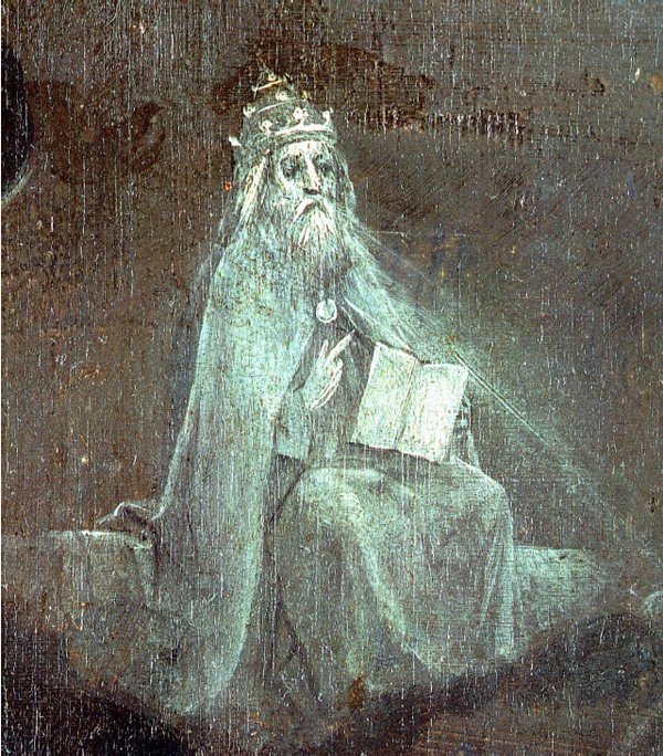 God die de wereld schiep op het linker buitenpaneel van 'De Tuin der lusten' van Jeroen Bosch.