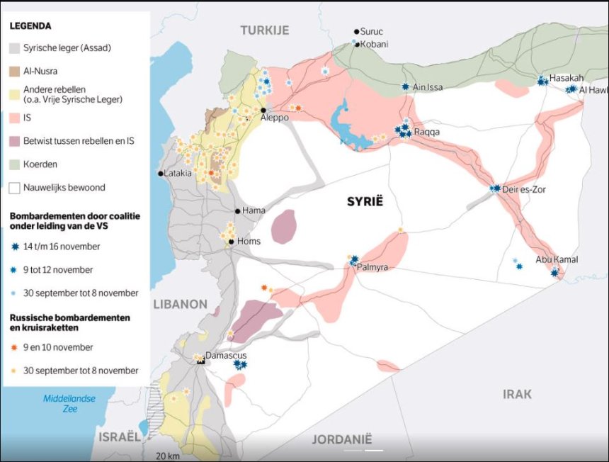 Syrië, november 2015. De witte gebieden zijn woestijnen; daar woont niemand.
