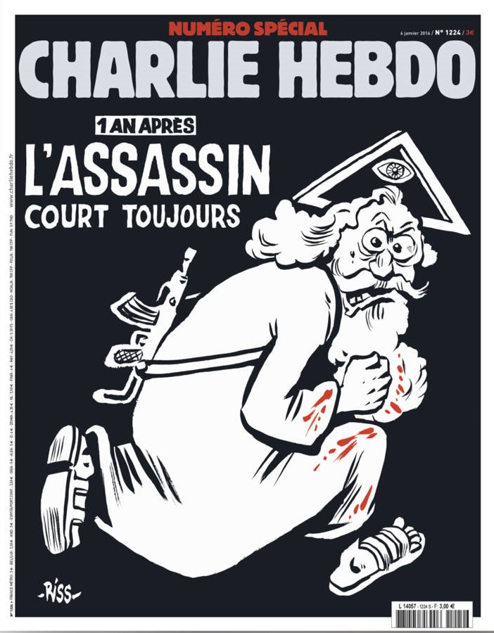 De cover van Charlie Hebdo dat overmorgen uitkomt, een jaar na de moordaanslagen door islamitische terroristen