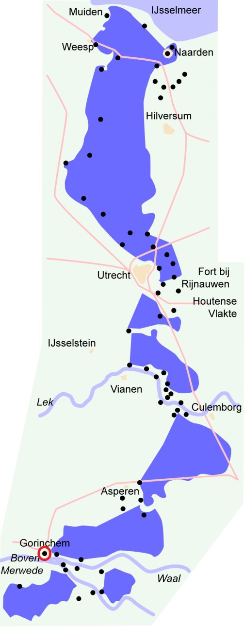 De Nieuwe Hollandse Waterlinie met de vesting Gorinchem (rode cirkel).. De zwarte stippen zijn forten en vestingen.