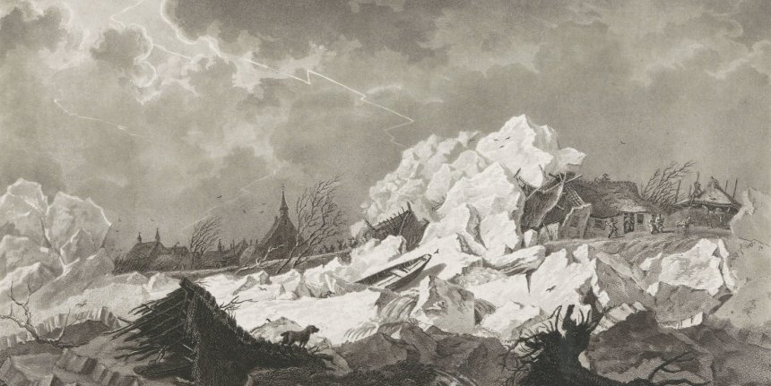 Christiaan Josi, 'De IJsgang en Doorbraak te Vuren bij Gorcum. 22 februari 1799', (naar Jacob Cats), aquatint en ets, 1802.