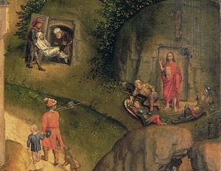 Detail uit 'Taferelen uit de Passie van Christus' (1470) van Hans Memling. Links de graflegging en rechts de wederopstanding. De Romeinse wachters worden er niet wakker van.