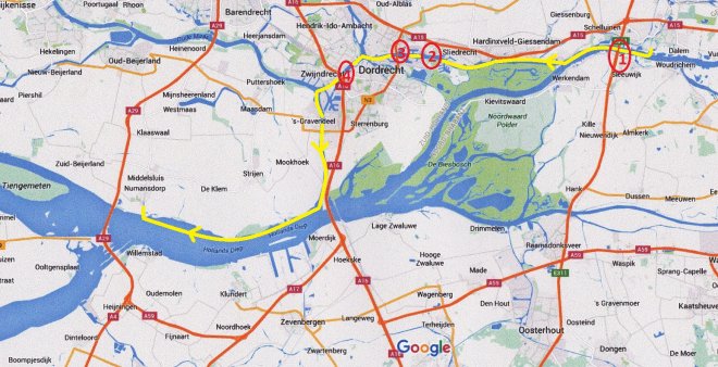 De route van komende woensdag met: 1) Verkeersbrug A27 Gorinchem, 2) Spoorbrug Baanhoek Sliedrecht, 3) Verkeersbrug Papendrecht, 4) Verkeersbruggen Dordrecht. Eindpunt: Veerhaven Numansdorp.
