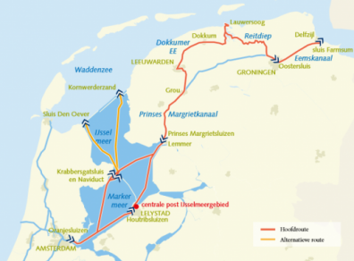 Noordelijk deel van de staandemastroute: IJsselmeer, Friesland en Groningen.