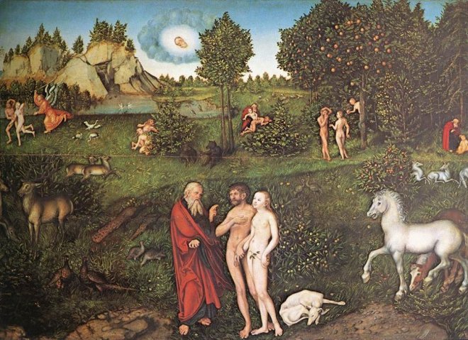 Het paradijsverhaal, geschilderd door Lucas Cranach de Oude (1472 - 1553). Midden-achter maakt God Eva uit een rib van Adam, rechts ervan reikt Eva aan Adam de appel, links ervan verstoppen ze zich en linkboven verdrijft de Engel hen uit het parardijs.