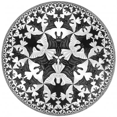 Engelen en duivels in 'Circle Limit IV', ets van M.C. Escher. 