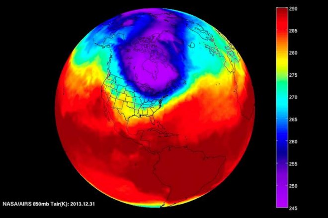 De polar vortex (paars) boven Noord-Amerika tijdens de extreem koude winter van 2013-2014 (bron: NASA)