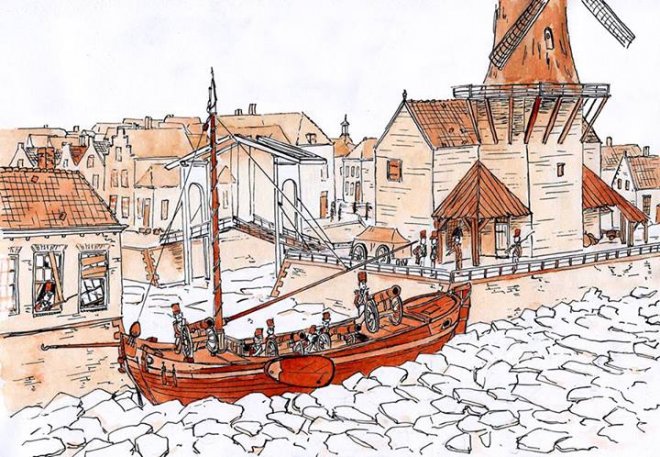 Het Beleg van Gorcum (winter 1813/1814). Een gevorderd schip sluit de haven af.