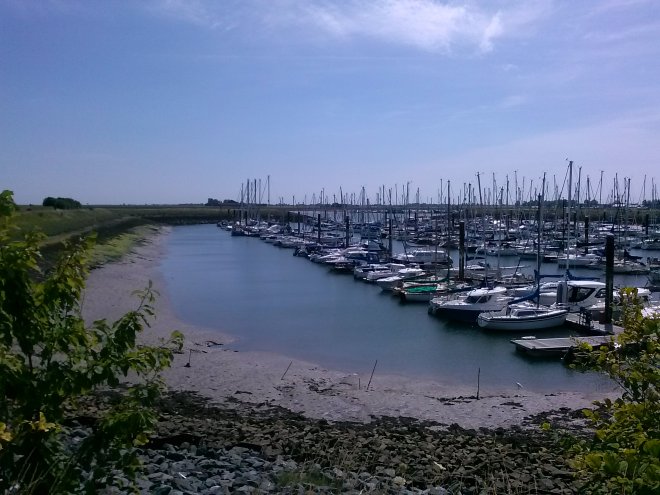 Burnham Yacht Harbour bij eb. Bijna aan het eind van de eerste steiger ligt onze Dulce. Daar is ook de uitvaart naar de rivier.
