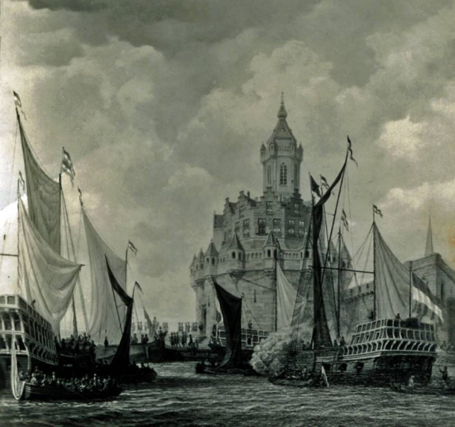 Schepen leveren slag voor de Gorcumse Blauwe Toren. Schilder bij mij onbekend en of die gebeurtenis ooit plaatsvond, weet ik ook niet.