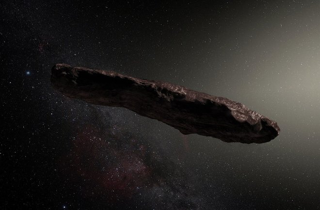 Artists' impression van 'Oumuamua (bron: Wikipedia)