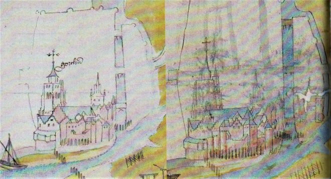 Twee detail-uitsnedes van plattegronden van Gorinchem aan de Merwede, met De Blauwe Toren, van de hand van een onbekende tekenaar, uit de eerste helft van de zestiende eeuw. Bron: Nationaal Archief te 's Gravenhage.