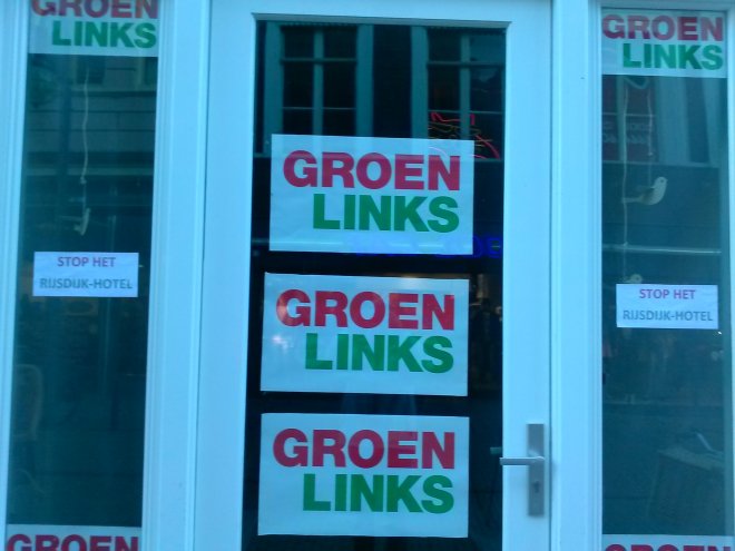 Protest deze week op het winkelpand van Groen Links in de Hoogstraat.