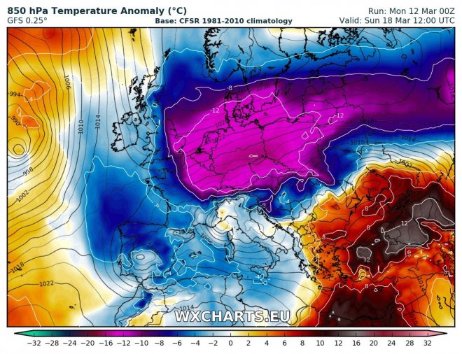 Prognose WXCharts voor aanstaande zondag: een nieuwe inval van arctische kou met mogelijk strenge vorst.