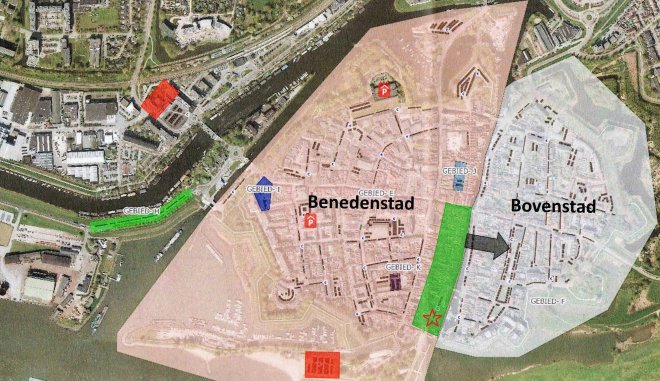Parkeren voor bewoners in de Gorcumse binnenstad. Wij wonen bij het sterretje in het groene gebied en blijven in de bovenstad parkeren.