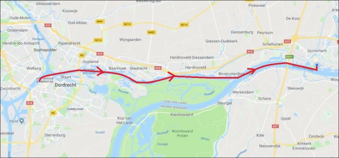 Ons vaarttraject over de Beneden-Merwede naar Gorcum.