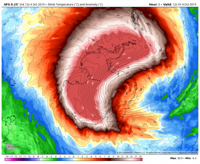 Het Sudden Stratospheric Warming (SSW) event boven Antarctica op 04-10-2019 (bron: Weatherbell.com)