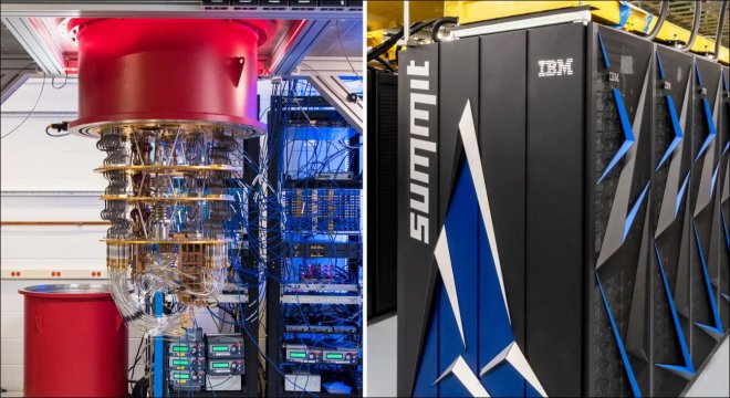 Heeft de quantumcomputer Sycamore van Google (links) de supercomputer Summit van IBM (rechts) verslagen en quantumsuperioriteit bereikt?