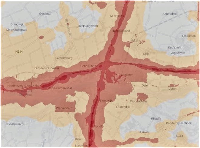 De concentraties van stikstofdioxide rond Gorinchem langs de A15 (horizontaal) en de A27 (verticaal) (bron: RIVM 2017)