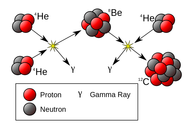 Het triple-alpha proces bij het verval van beryllium-8 (bron: Wikipedia)