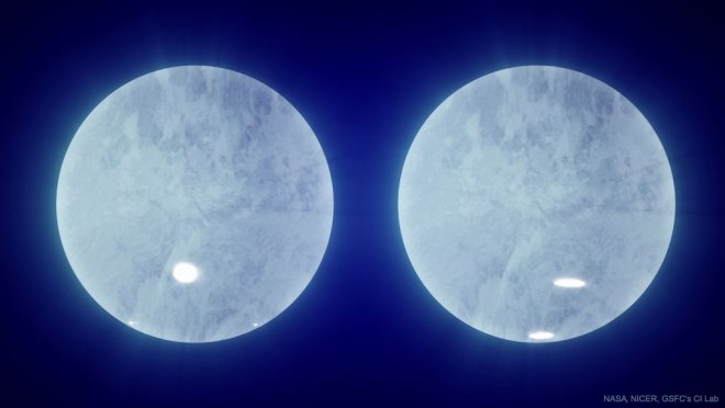 Twee opnames van hotspots op de neutronenster j0030+0451 (bron: NICER)