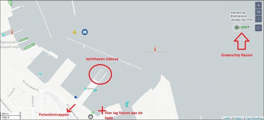 Screendump van Marinetraffice ca. 9.00 uur NT, waarop het graanschip 'Razoni' uit de haven van Odessa wegvaart.