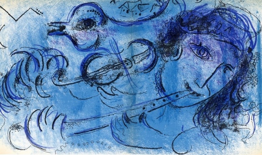 Marc Chagall, ' Le Joueur de Flute', lithografie, 40 x 23 cm, uitgave Mourlot, Paris, 1957.