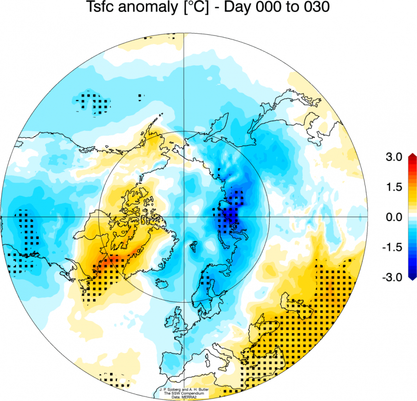Eén van de weermodellen die een strenge winter 2022/2023 voorspellen, zowel in de VS als bij ons (afbeelding uit besproken artikel)