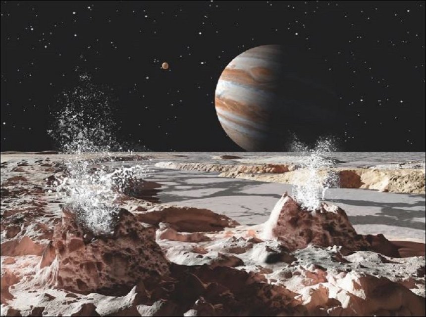 IJsvulkanisme op de maan Europa. (Artists' impression © Science Photo Library)
