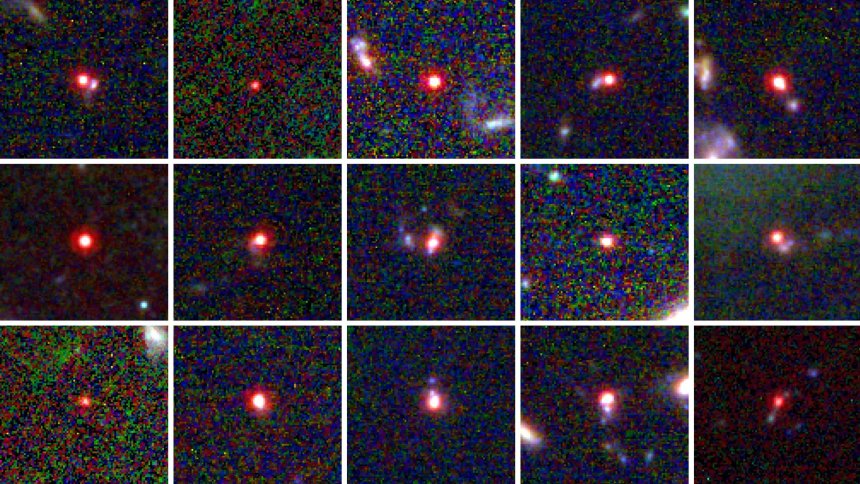 Opnames van de oudste sterrenstelsels en hun gigantische zwarte gaten, kort na de oerknal. (Credit: Quantamagazine/Jorryt Matthee. Data from the EIGER / FRESCO surveys)