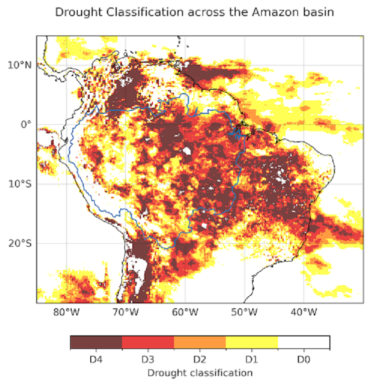 Droogte in het Amazonebassin (aangegeven in blauw) in juni - november 2023 (Credit: US Drought Monitor system, calculated from MSWEP and MSWX)