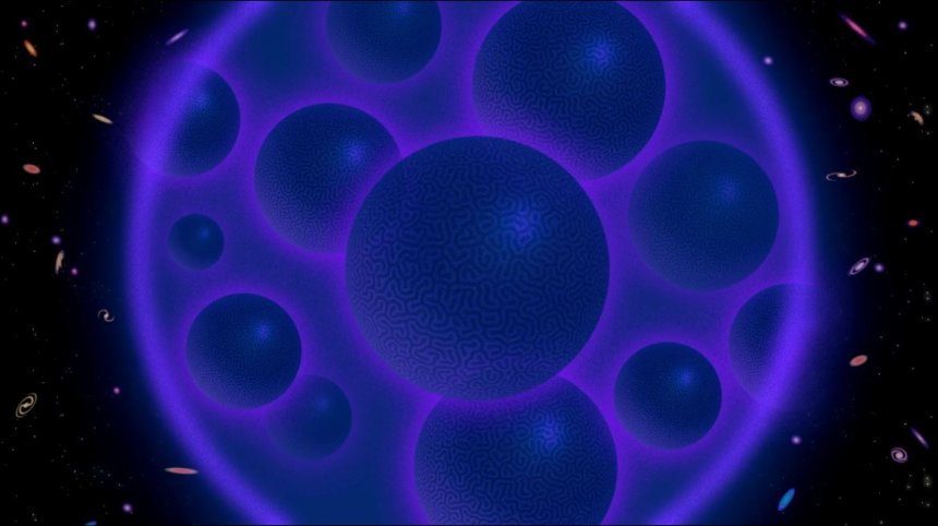 Natuurlijk weet niemand hoe je de donkere dimensie moet afbeelden. Quantamagzine probeert ook maar wat., Credit: Samuel Velasco/Quanta Magazine.