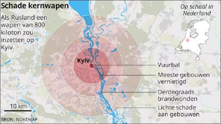 Het onmiddelijke effect van een kernbom op Kyiv (excl. spreiding fallout, nucleaire winter en overige gevolgen van radioactive besmetting) (bron: nu.nl/nukemao)