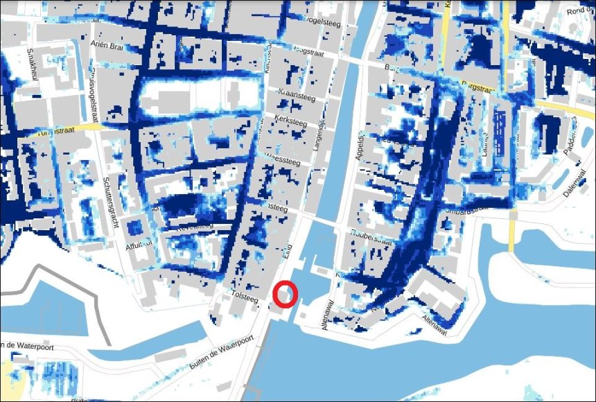 Uit de klimaateffectatlas: ons huis en onze straat blijven droog bij een hevige bui  van 140 cm in 2 uur bij het huidige klimaat.
