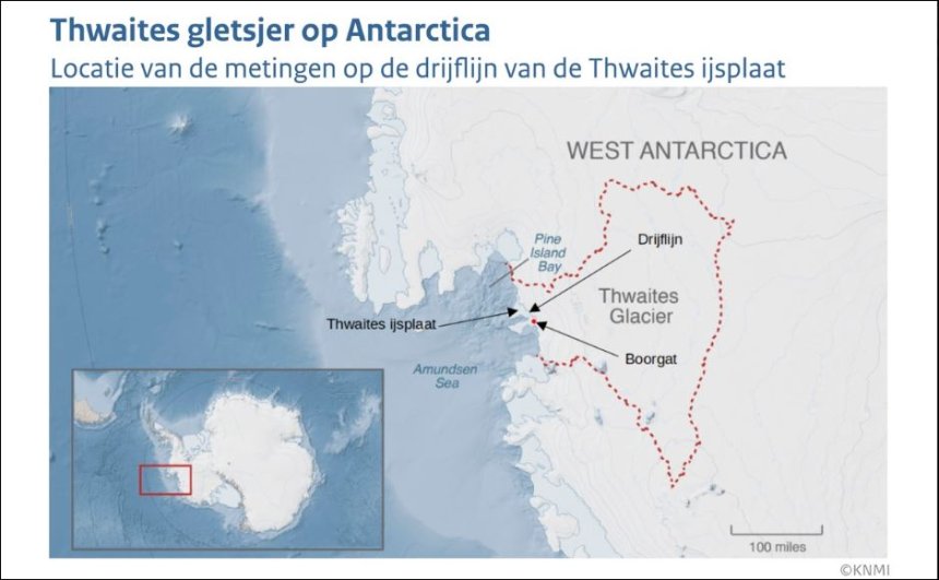 De locatie van de Thwaites gletsjer en ijsplaat, en de geschatte locatie van het boorgat. ©theworld.org/KNMI