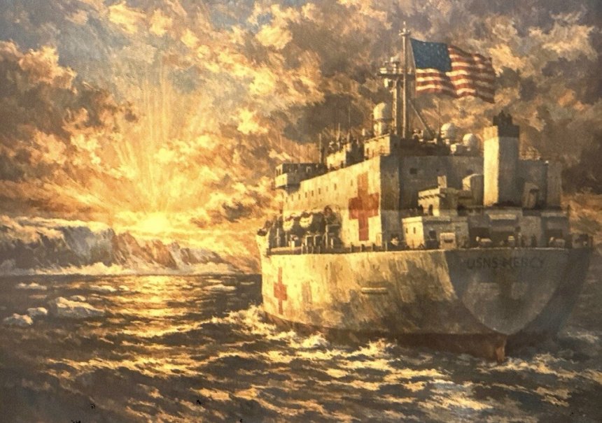 De afbeelding van het hospitaalschip 'USNS Mercy' op TruthSocial van Trump.